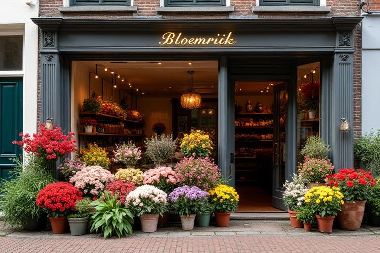 Bloemrijk Amsterdam winkelgevel met bloemen uitgestald