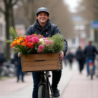 Bloemenbezorger met fiets in Amsterdam